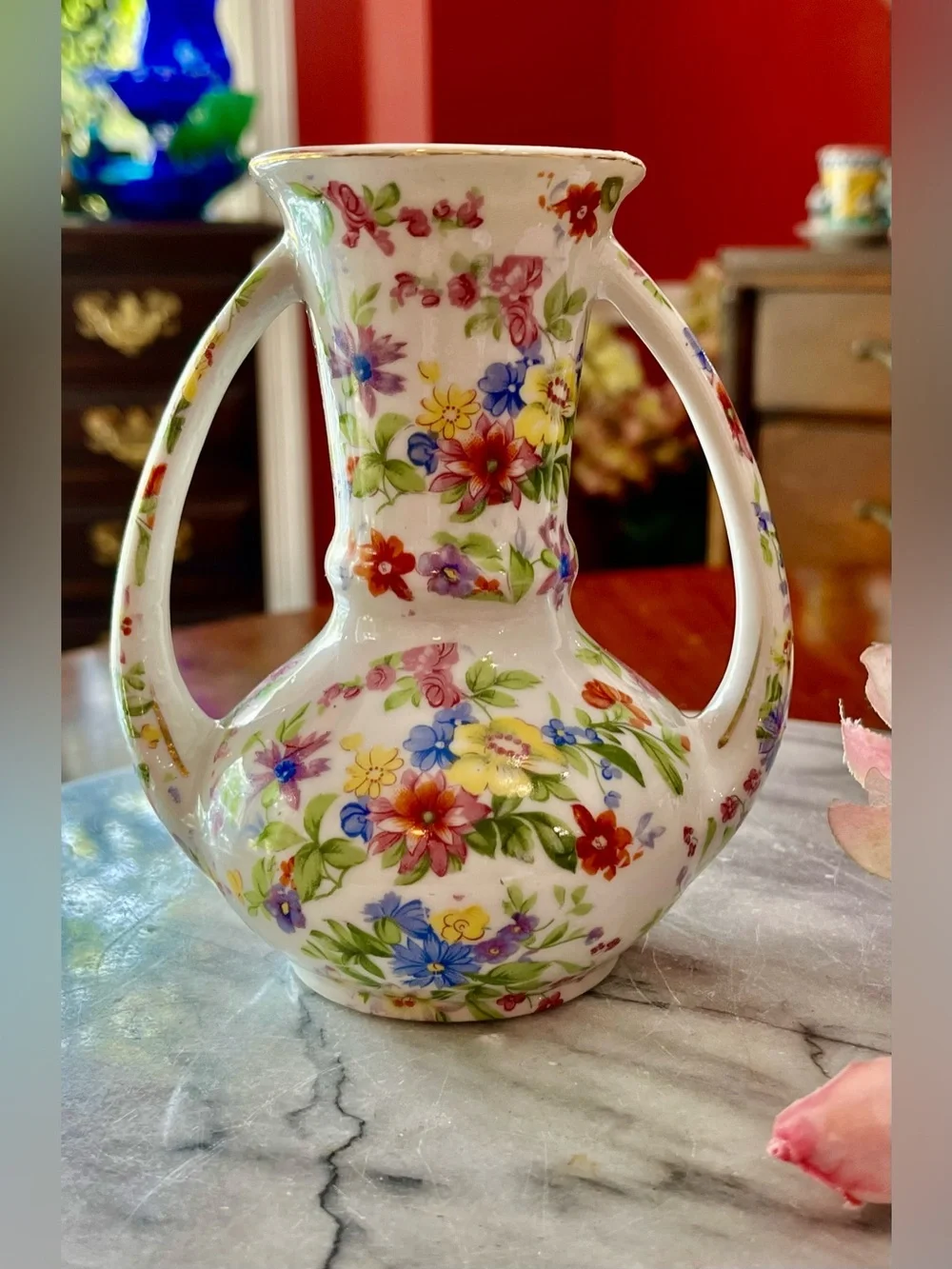 Vintage Gold Castle Japanese Chintz Floral Porcelain Vase Double Handle 5-1/8”